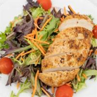 Grilled Chicken Salad · Field greens, roma tomatoes, cucumber, carrots and grilled blackened chicken all in Italian ...