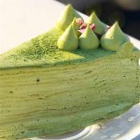 Matcha Mille Crepes Cake · Over twenty layers of delicious and handmade crepes, with creamy matcha cream.