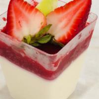 Lychee Panna Cotta · Lychee custard dessert topped with Raspberry jam and fruits.