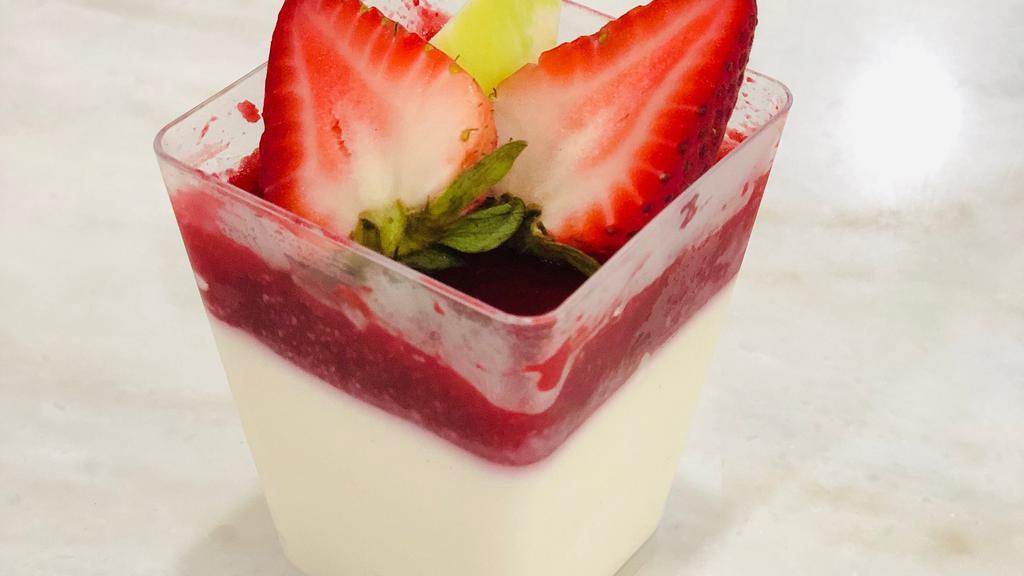 Lychee Panna Cotta · Lychee custard dessert topped with Raspberry jam and fruits.
