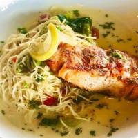 Grilled Salmon Pasta · Grilled salmon served over angel hair pasta tossed in white wine sauce with asparagus, roast...