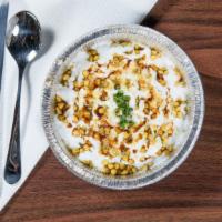 Aloo Papri Chaat · Potatoes and chips served with yogurt sweet and spicy chutney.