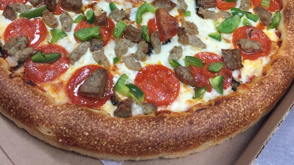 Tom'S Special · A perfect combination of pepperoni, hamburger, Italian sausage, green pepper, onion & mushroom over our house cheese blend.