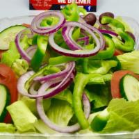 Garden Salad · Lettuce, tomatoes, red onions, cucumbers, green peppers & Kalamata olives. Served with our h...