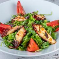 Octopus Salad · Char-grilled octopus, tomatoes, arugula, and red onions tossed with with olive oil and red w...