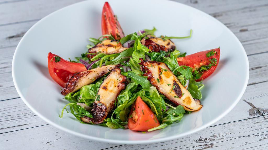 Octopus Salad · Char-grilled octopus, tomatoes, arugula, and red onions tossed with with olive oil and red wine vinegar