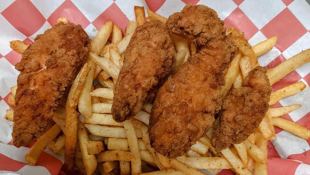 Chicken Tenders And Cajun Fries · Served with 3 fried chicken tenders and Cajun seasoned fries