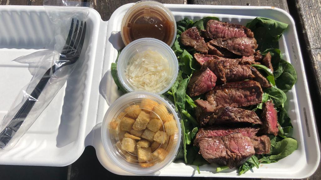 Steak & Balsamic · Fresh spinach with croutons, fresh grated Parmigiano-Reggiano and Pecorino Romano cheese and our Italian dressing. Served with our fresh cooked Sirloin Steak.