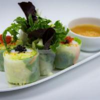 Shrimp Fresh Roll · Carrot, cilantro, mint, basil, steamed rice noodle, lettuce and wrapped in soft rice paper, ...
