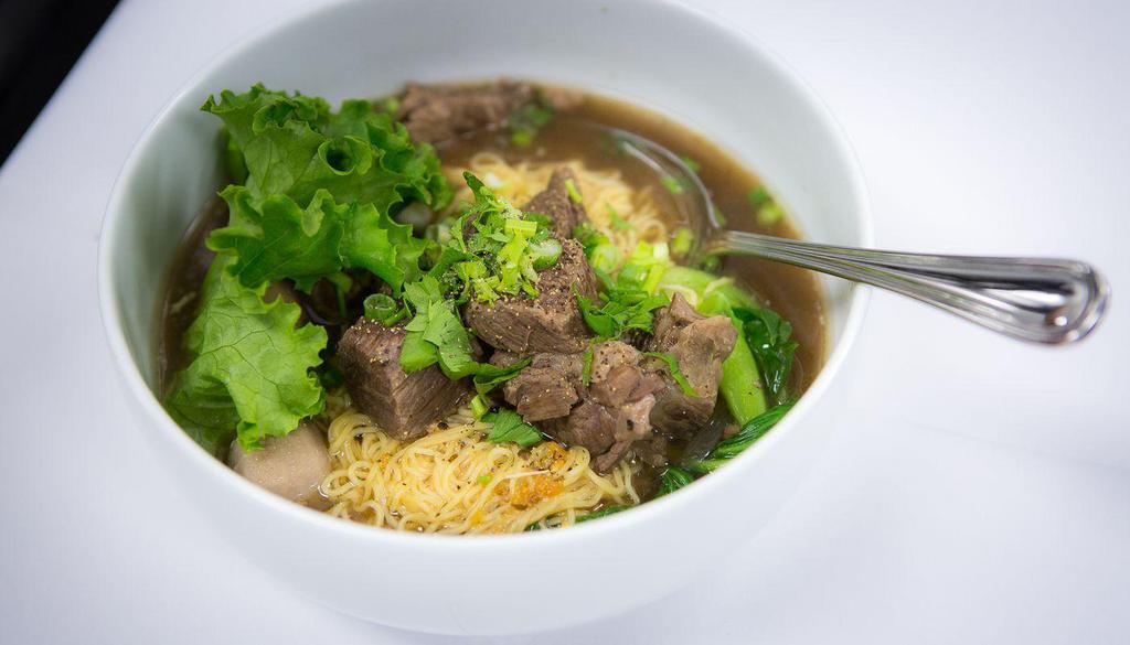 Thai Style Beef Noodle Soup · Rice noodle or egg noodle with slow-cooked Tenderloin beef and meat ball.