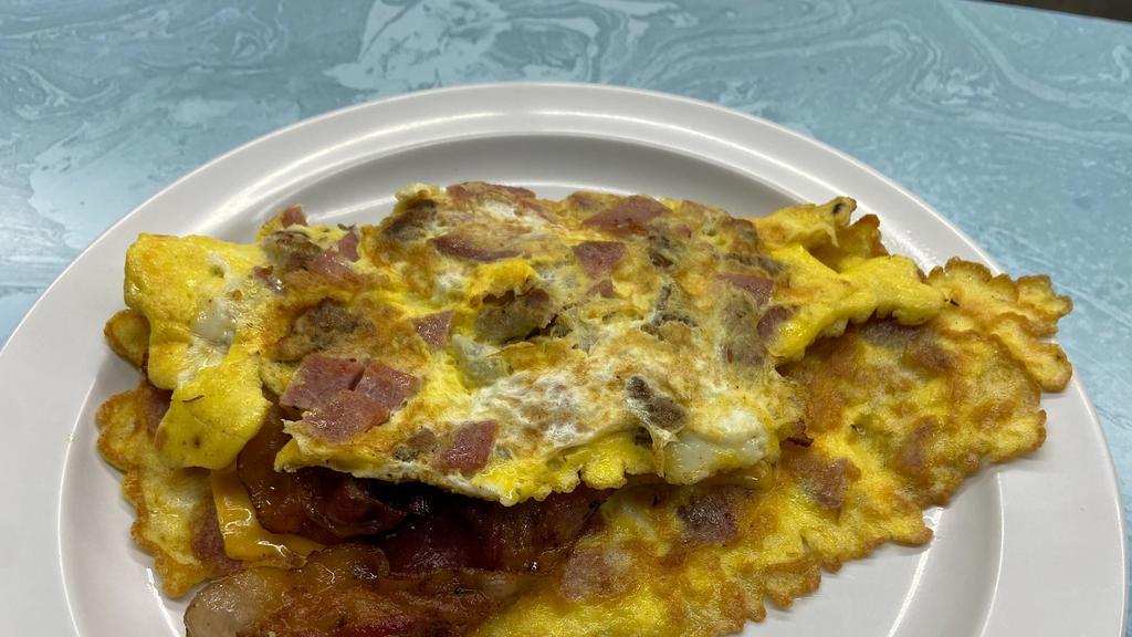 All American Omelet · Bacon, Sausage, Taylor ham, and American cheese. Made with three eggs, served with your choice of home fries or grits and toast.