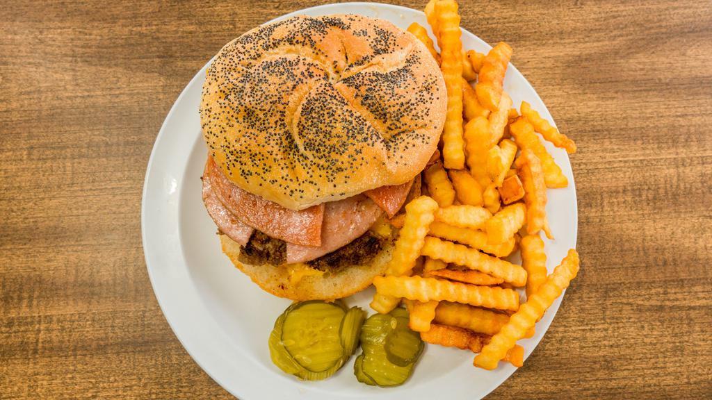 Jersey Burger · Complete. Jersey original with taylor ham. Quarter pound burger on a hard roll.