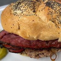 New Yorker Burger · Pastrami and provolone cheese. Quarter pound burger on a hard roll.