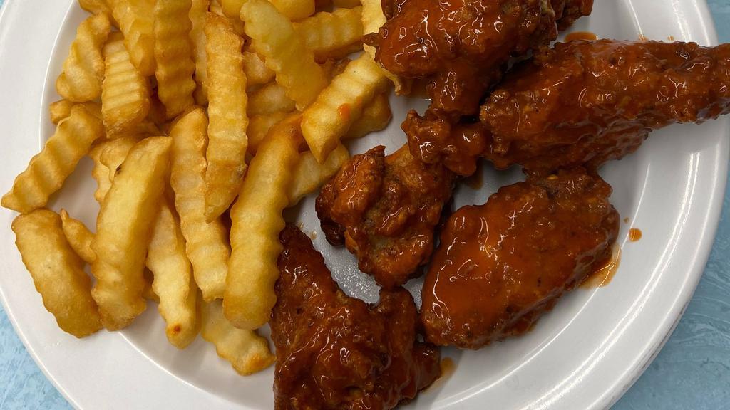 Chicken Wings & French Fries · Hot and spicy or BBQ.