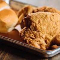 Southern Fried Chicken · Two pieces of hand battered chicken served
with your choice of one side and a roll.