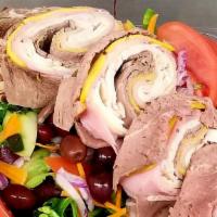 Chef'S Salad · Sliced turkey, ham, roast beef and mixed cheeses atop mixed greens tossed with diced tomatoe...