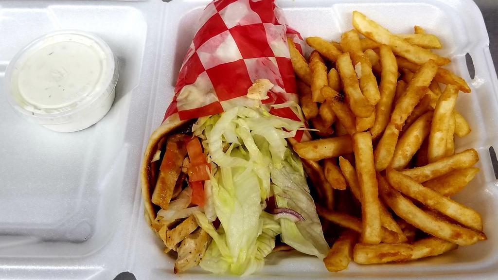 Grilled Chicken Gyro · On toasted pita with lettuce, tomato, onion and homemade tzatziki sauce served with crispy French fries.