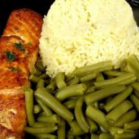 Broiled Norwegian Salmon · Broiled to perfection served with your choice of potato and vegetable of the day.  Chicken s...