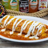 Wet Burrito · Burrito stuffed with your choice of meat, rice, beans, salsa, cilantro, and onions. Topped w...