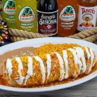 Burrito Plate · Burrito stuffed with choice of meat, onion, cilantro, red salsa. Topped with salsa ranchero,...