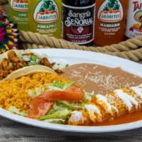 Enchilada & Taco · One enchilada and one taco with your choice of meat. Served with rice and beans.