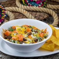 Burrito Bowl · Bowl with beans, rice, salsa ranchero, lettuce, onion, cilantro, tomato,cheese, sour cream a...