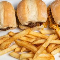 Sliders · 3 sliders with fries.  
Your choice beef, cheddar & grilled onions or
Meatball, marinara & m...