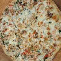 Chicken Alfredo Pizza · Alfredo sauce, chicken, spinach, red bell pepper, mushroom, and mozzarella cheese