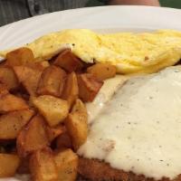  Chicken Fried Steak · With white gravy, two eggs & choice of hash browns or home fries.
