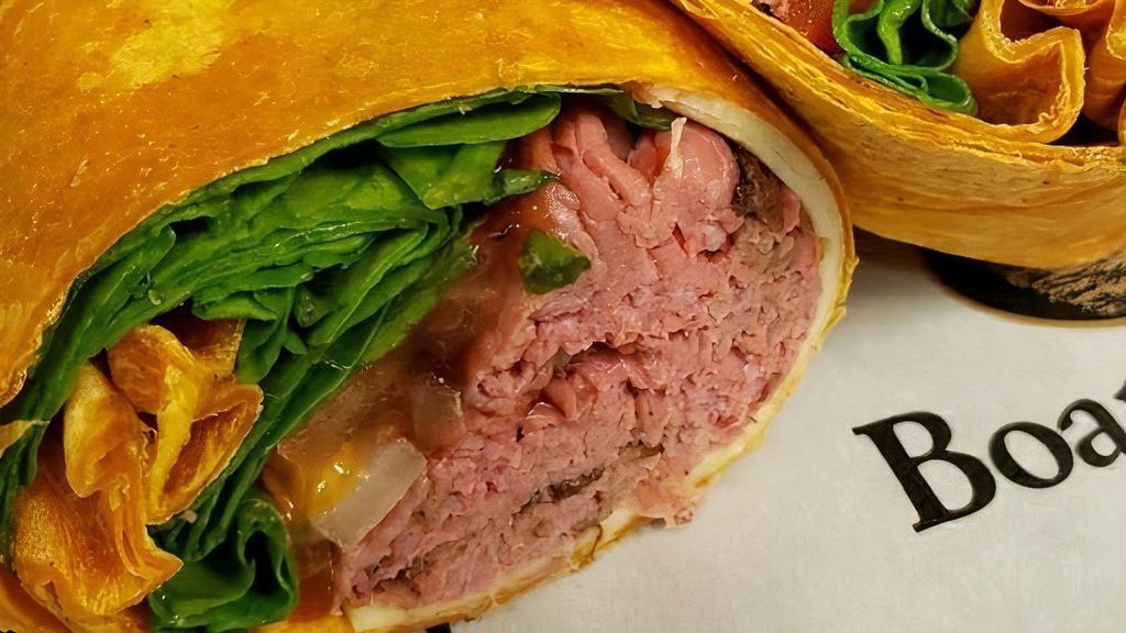 Red Rider · Roast beef, jalapeños, pepper jack cheese, spinach, onions, tomatoes and BBQ sauce in a southwest wrap