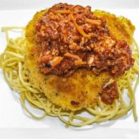 Chicken Schnitzel · Giovani sauce (Italian sausage, fresh herbs, marinara sauce), buttered noodles