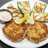 Crab Cake Entree · Select crab meat, pan-fried. Served with red pepper aioli and fresh vegetables.