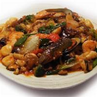 Pal Bo Chae (팔보채) · Stir fried shrimp, mushroom, mussel, and cuttlefish in spicy sauce.