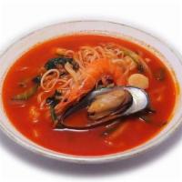 Jjam Bbong (짬뽕) · Spicy. Noodles with basic seafood and vegetables in spicy pepper soup.