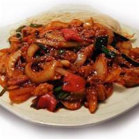 Oh-Ijng-Uh Bok-Geum (오징어볶음) · Marinated squid and vegetables stir fried in spicy pepper sauce with house noodles. Serves 1...