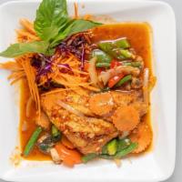 Red Snapper With Basil · Spicy. Deep-fried salmon fillet with string beans, carrots, mushrooms, onions, bell peppers ...