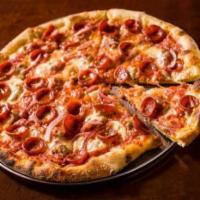 Calabrese · thick cut pepperoni, fennel sausage, red onions, mozzarella