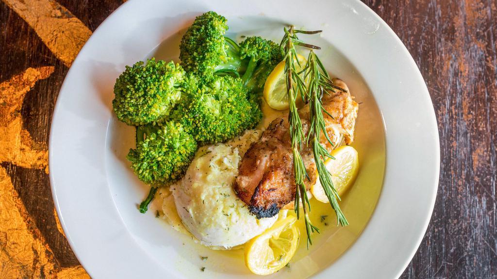 Lemon & Herb Chicken  · Fresh lemon and herb chicken, with garlic mashed potatoes and steamed broccoli.