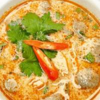 Tom Kha Gai · Chicken, Scallion, Galangal, Mushroom, Lime Juice & Coconut Milk.
