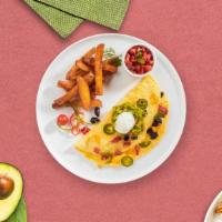La Mexicana Omelet · Eggs, bell peppers, onions, jalapeño, salsa, avocado, and muenster cheese.