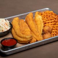 Delta Catfish Basket · Served with Waffle Fries, Coleslaw & Hushpuppies