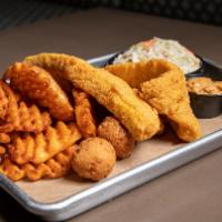 Whiting Basket · Served with Waffle Fries, Coleslaw & Hushpuppies