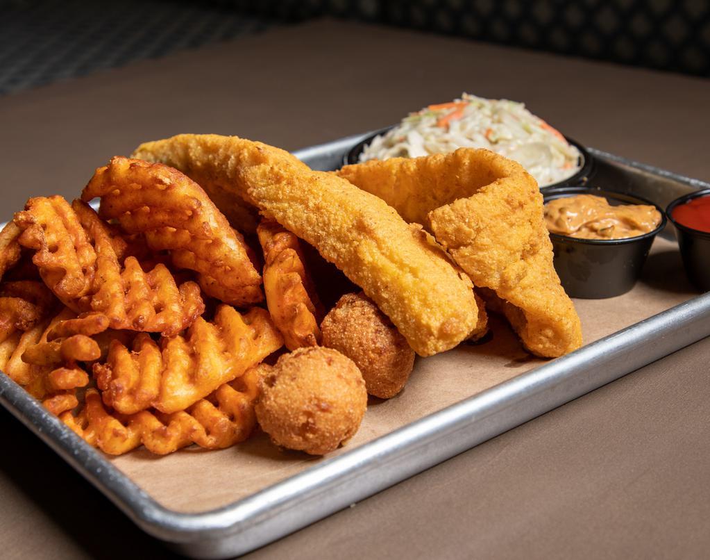 Whiting Basket · Served with Waffle Fries, Coleslaw & Hushpuppies