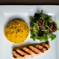 Faroe Island Salmon Grilled · Served with Side Salad and Saffron Rice
