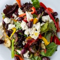 Greek Salad   · tomato ,cucumber ,red onion, bell pepper, organic green mix feta and olives,, balsamic house...