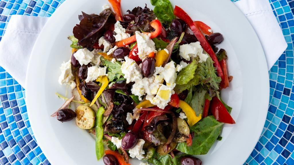 Greek Salad   · tomato ,cucumber ,red onion, bell pepper, organic green mix feta and olives,, balsamic house dressing
