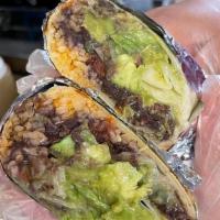 Sofritos Burrito (Vegan) · Flour tortilla, sofritos, white rice, black bean, mixed veggie, lettuce, . pico de gallo, gu...