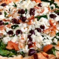 Sm Greek Pizza · Fresh spinach, feta, tomato, garlic, olives, and a touch of oregano