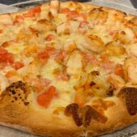 Sm Shrimp Scampi Pizza · Olive oil, garlic, light mozzarella, tender seasoned shrimp, tomatoes