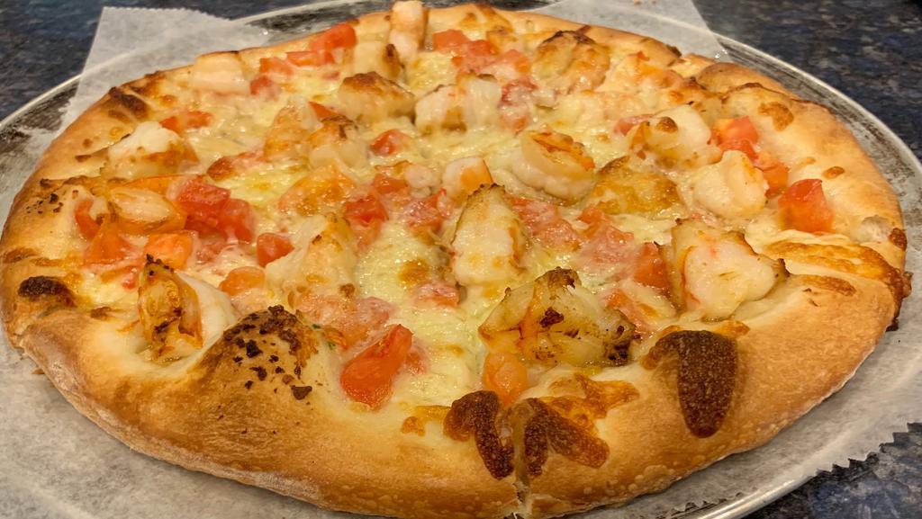 Sm Shrimp Scampi Pizza · Olive oil, garlic, light mozzarella, tender seasoned shrimp, tomatoes